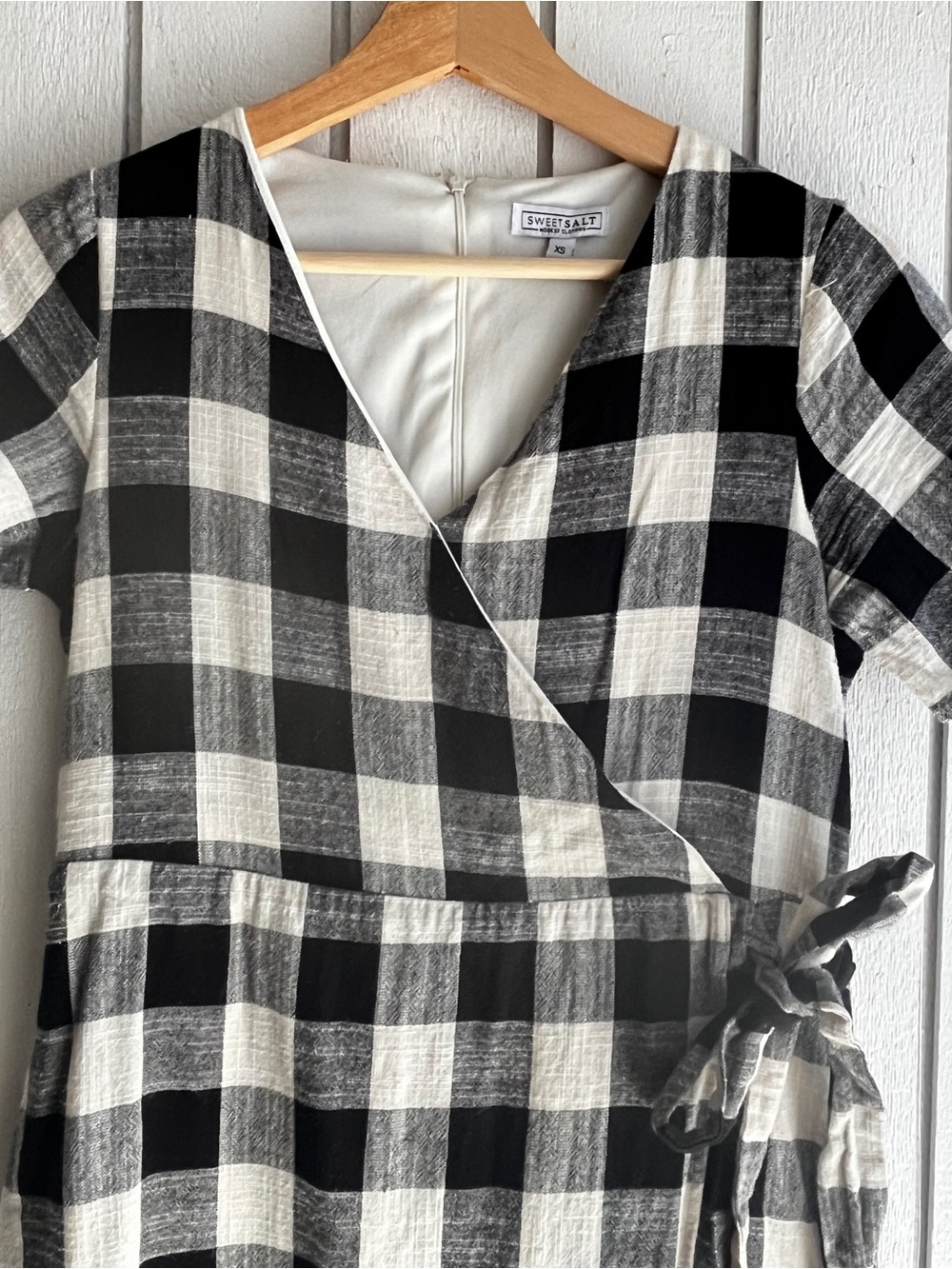 Sweet Salt Plaid Fake Wrap-Style Midi Dress